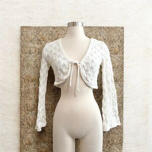 Pink Rose White Cardigan Front Tie Eyelet Sheer Bell Sleeve Y2K Small Medium